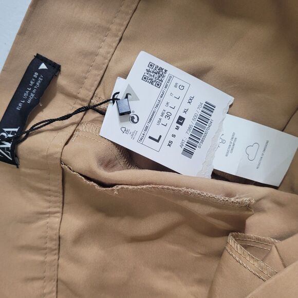 NEW Zara Large pants tall wide leg button zip pockets dress trousers khaki brown - Picture 12 of 12